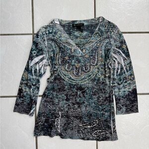 INC  Teal and Black Long Sleeve Top size Small